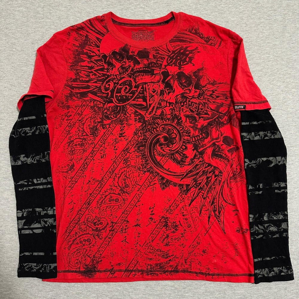 MMA Elite Skull Graphic Layered Long Sleeve T-Shirt Red Black Mens Large